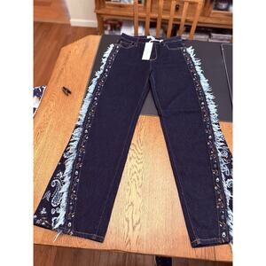 Driftwood Dark Wash Blue Denim Straight Jeans Women Embroidered Fringe Paisley